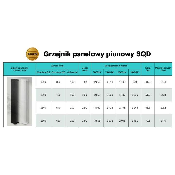 Grzejnik pionowy panelowy SQD 1800 czarny - podłączenie dolne lewe / dolne prawe